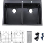 SHACO 33x22 Inch Black 50/50 Double Bowl Drop In Kitchen Sink, Top Mount 16 Gauge Gunmetal Black Stainless Steel Kitchen Sink with Grid and Accessories