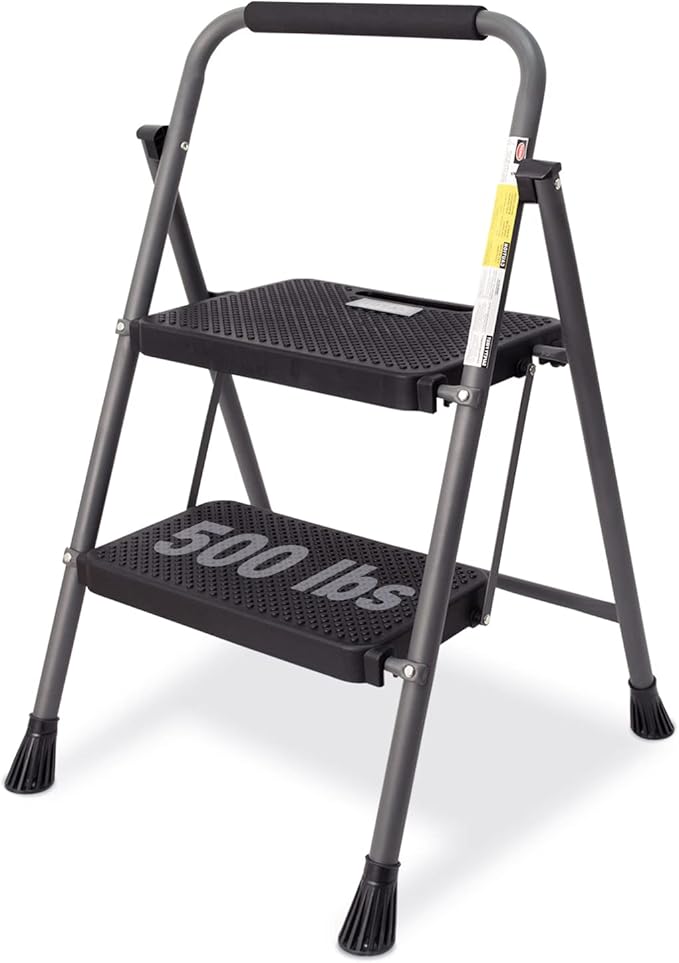 2 Step Ladder, GOLYTON 2 Lightweight Folding Step Stool with Wide Anti-Slip Pedal and Comfort Handgrip, Lightweight 500 lbs Portable Steel Ladder Multi-Use Household and Office, Grey