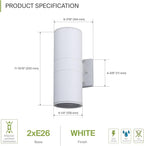 ASD 2 Light Outdoor Wall Light Fixture | 120W E26 Bulb Socket 120V ETL Cylinder Up Down Lights | LED/CFL/Incandescent Bulb Exterior Wall Sconce | Front Door, Porch, Patio Lighting | White, 2 Pack