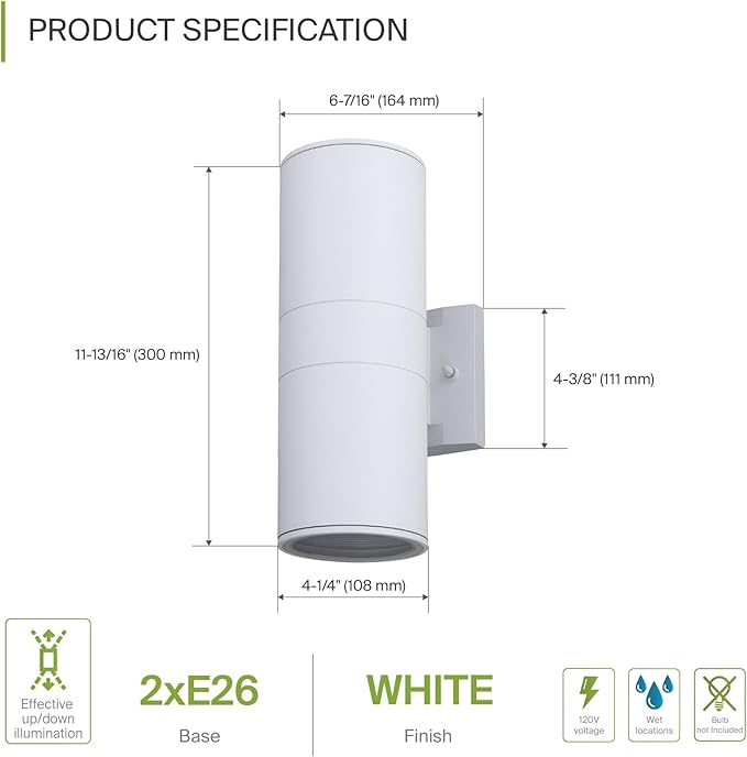 ASD 2 Light Outdoor Wall Light Fixture | 120W E26 Bulb Socket 120V ETL Cylinder Up Down Lights | LED/CFL/Incandescent Bulb Exterior Wall Sconce | Front Door, Porch, Patio Lighting | White, 6 Pack