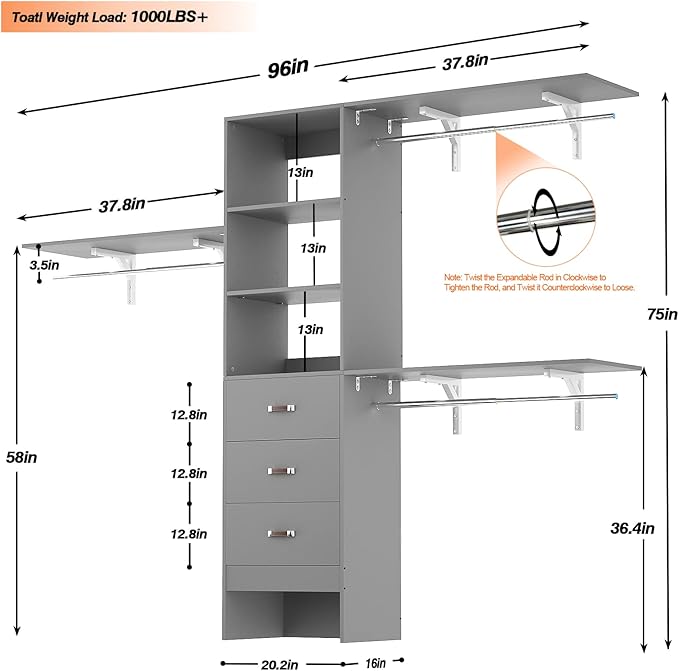 Armocity 96 Inches Closet System, 8FT Walk In Closet Organizer with 3 Shelving Towers, Heavy Duty Clothes Rack with 3 Drawers, Built-In Garment Rack, 96" L x 16" W x 75" H, Max Load 1000 LBS, Grey