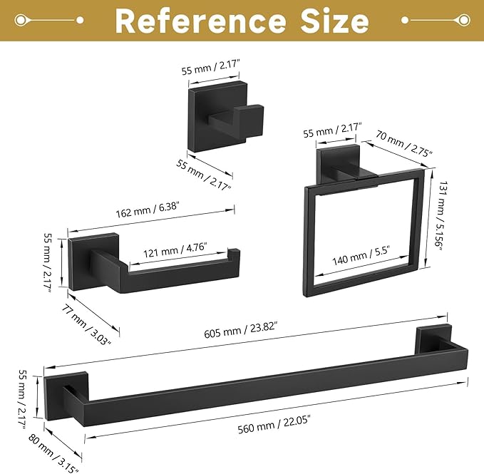 5 Pieces Bathroom Hardware Accessories Set Matte Black Towel Bar Set Towel Holder Racks Set for Bathroom,SUS304 Stainless Steel,Wall Mounted 23.6-Inch