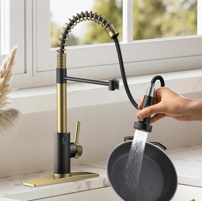 Touch-Less Kitchen Faucet, 3 Modes Pull Down Sprayer, LED Temperature Control,Sensor Activated,Ceramic Valve, 360-Degree Rotation, 1 or 3 Hole Deck Plate. 10-Year Warranty. (KW-79GR, Gold/Black)