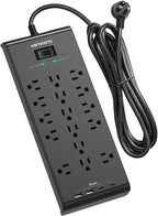 Extension Cord 15 Ft, HANYCONY Power Strip with 16 Oultets 4 USB Ports(2 USB C), 2700 Joules Heay Duty Surge Protector, Flat Plug, Wall Mount for Home Office, ETL Listed, Black