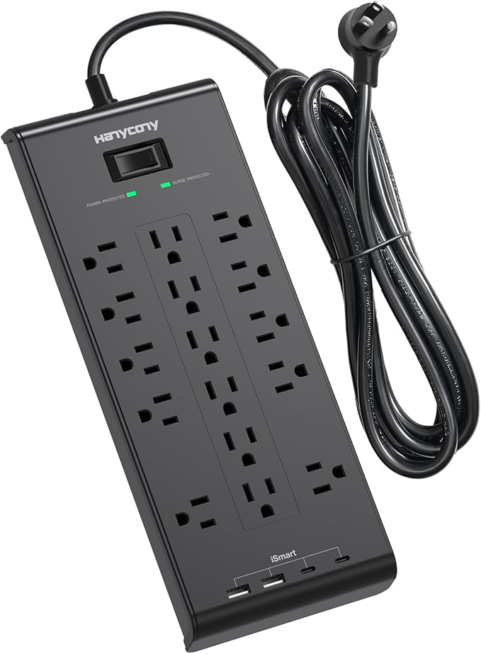 Power Strip 10 Ft, HANYCONY Surge Protector with 16 Outlets 4 USB Ports(2 USB C), Flat Plug Heavy Duty Extension Cord, 2700 Joules, Wall Mount for Home Office, ETL Listed, Black