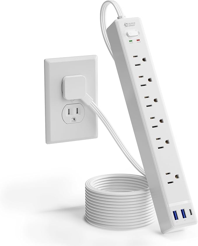 Flat Plug Surge Protector Power Strip, 6ft Ultra Thin Extension Cord with 3 USB, SUPERDANNY 6 Outlets Charging Station, Wall Mountable Outlet Extender for Home Office, College Dorm Room