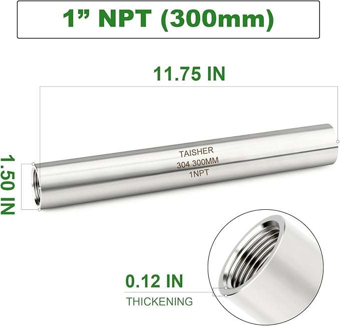 TAISHER 2PCS Stainless Steel Pipe Fittings, 1" NPT Female x 1" NPT Female Threaded, 12" Length Thickened Nipple Cast Pipe