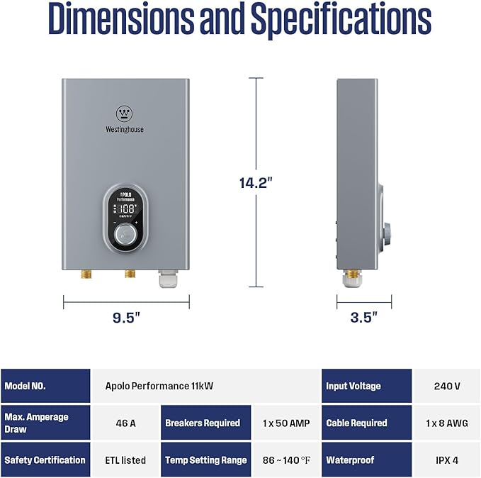 Westinghouse 11kW 240V Tankless Water Heater Electric, Up to 2.6 GPM Instant Hot Water Heater, 1-3 Point of Use Hot Water, Wi-Fi Enabled, APOLO-11k