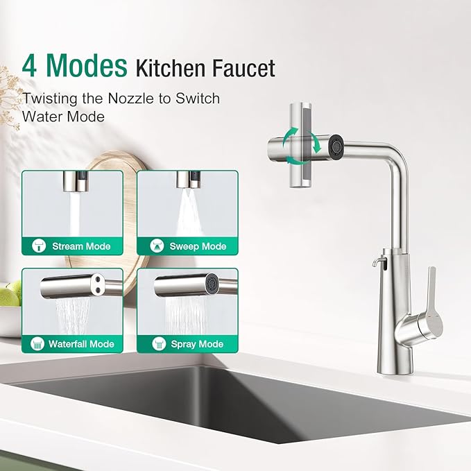 CREA Waterfall Kitchen Faucets with Soap Dispenser Built-in,4 Modes Bar Sink Faucet with Pull Down Sprayer,Single Handle 1 Hole Utility Faucet for Laundry Brushed Nickel Stainless Steel
