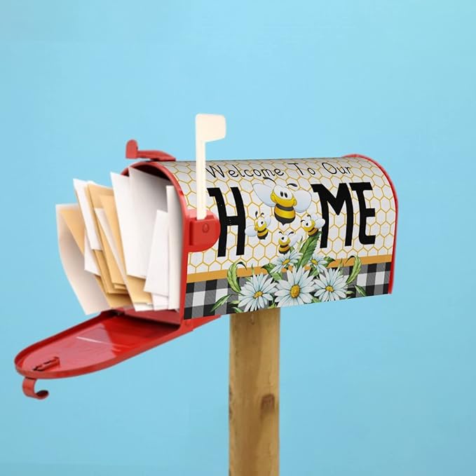 Summer Bee Buffalo Plaid Mailbox Cover Spring Daisy Floral Mailbox Cover Magnetic Standard Size 25.5" x 21" Farmhouse Rustic Welcome To Our Home Mail Box Covers Garden Yard Home Decor for Outdoor