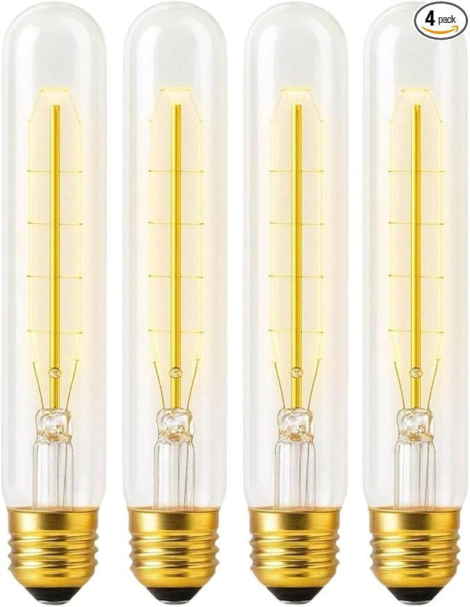 4 Pack T10 7.3 Inch Long Tubular Light Bulbs, 40W Bulb, Clear Incandescent, E26 Medium Base, Warm White, Dimmable Vintage Tubular Style Showcase Bulb