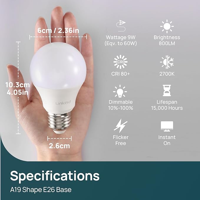 Linkind A19 LED Light Bulbs Dimmable, 60W Equivalent, 2700K Soft White, 9W 800 Lumens, E26 Standard Base, Lighting for Bedroom Living Room Home Office, 12 Packs