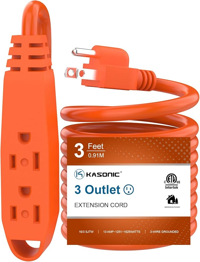 K KASONIC - 3-Feet 3 Outlet Extension Cord, UL Listed, 16/3 SJTW 3-Wire Grounded, 13 Amp 125 V 1625 Watts, Multi-Outlet Indoor/Outdoor Use, Orange