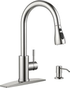 Kitchen Faucet with Soap Dispenser, Brushed Nickel High Arc Stainless Steel Modern Sink Faucet with Pull Down Sprayer, Deck Plate for 1 or 3 Hole Sinks for RV Bar Laundry Farmhouse