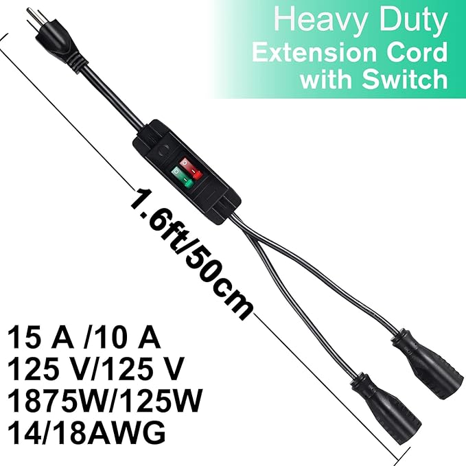 2 Way Extension Cord with On/Off Switch, 3 Prong Outdoor Extension Cord Splitter, Heavy Duty SJTW 14AWG 15A/125V and 18AWG 10A/125V Power Cord (1.6 Ft, Black)