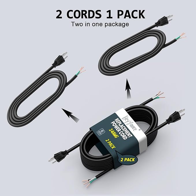 2 Pack 12 ft 14/3C SJTW Appliance and Power Tool Cord, 14 Gauge 3 Prong Heavy Duty Replacement Power Supply Cord Cable, 110V 115V 120V AC Pigtail, 15A, 1875w