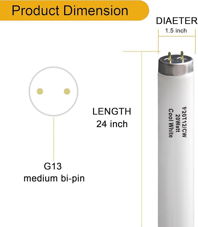 (6Pack) F20T12/CW 20 Watt Cool White 24Inch Fluorescent Light Bulbs,T12 20W 24 Inch Fluorescent Tube,4100K, Replacement for F20T12/CW/ALTO, F20T12/CW/ECO, F20T12/SP41/ECO,G13 Base,1400 Lumens