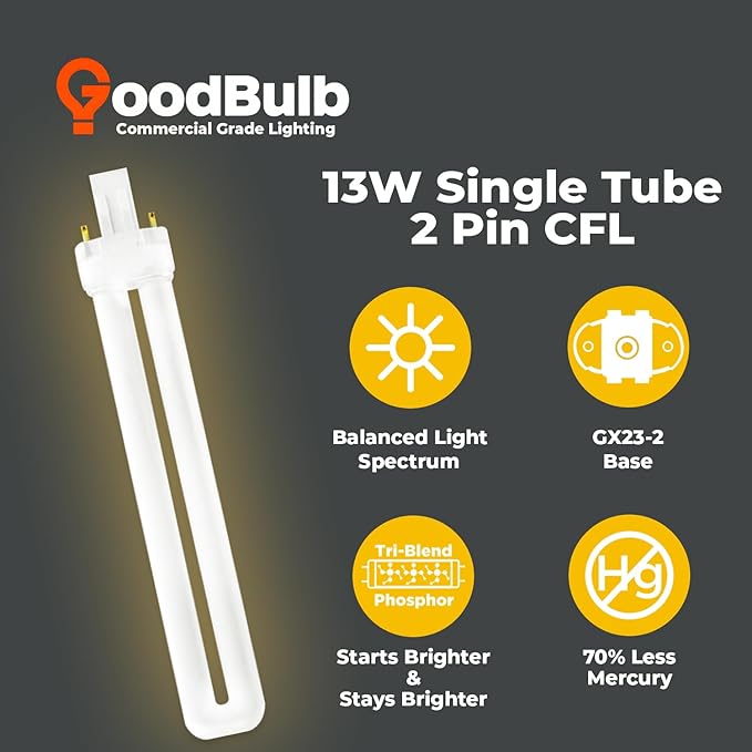 GoodBulb 13 Watt CFL Light Bulbs 2 Pin GX23 Base 2700K Soft White 13W High Output 800 Lumens Single Tube Compact Fluorescent Light Bulbs Plug-in 10 Pack