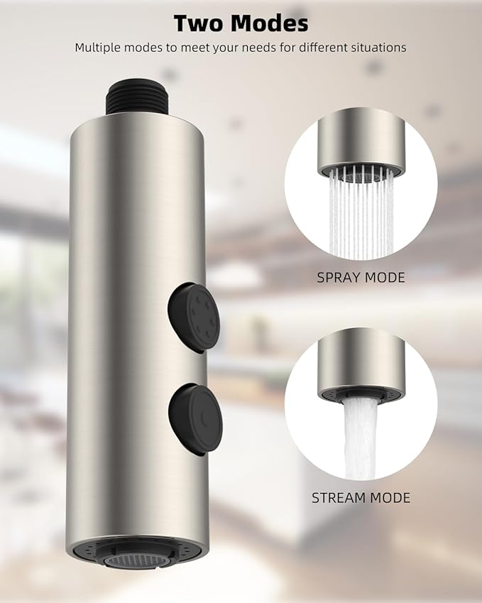 Hibbent Metal Pull Down Kitchen Faucet Head Replacement with 15 Adapters, Sink Spray Head, 2 Function Spray Nozzle Compatible with Moen, American Standard, Delta, Kohler Faucets, Brushed Nickel