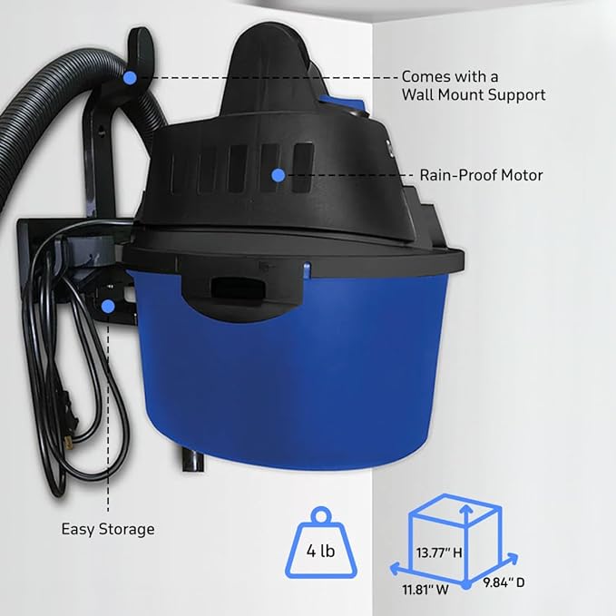 Koblenz WD-2.5L Portable Wet Dry Vacuum, 2.5-Gallon 2.5 PHP Suction Plus Blower Vacuum Cleaner for Liquids, Dust, Pet Hairs, 10’ Reach, For Car Cleaning, Wall-Mount Support, Parts Included, Blue/Black