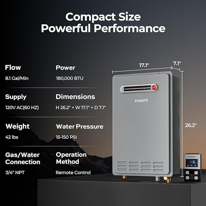 FOGATTI Natural Gas Tankless Water Heater Outdoor - Max 8.1 GPM 180,000 BTU, CSA Certified Compact Design On Demand Instant Hot Water Heater - Instagas Comfort 180S Series