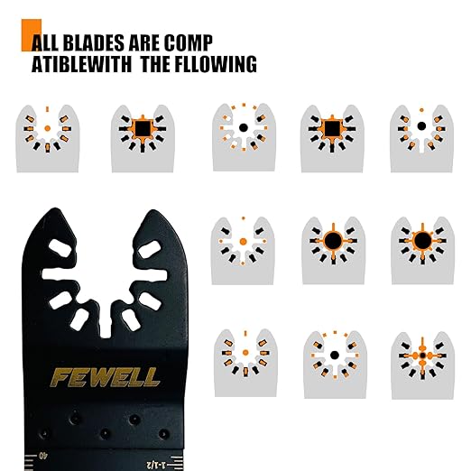 FEWELL 55PCS Oscillating Saw Blades, Universal Titanium Multitool Blades for Hard Materials, Metal, Wood, Plastic, Nails,Curved Edge Oscillating Saw Blades, Fits Most Tools