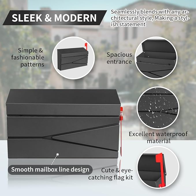 Wall Mount Mailbox, Large Capacity Mailbox for House, with Flag Kit, Galvanized Steel Rust-Proof Metal Post Drop Box, Mailboxes for Outside, 15.74"×9.84"×4.33", Black Modern Sleek Style