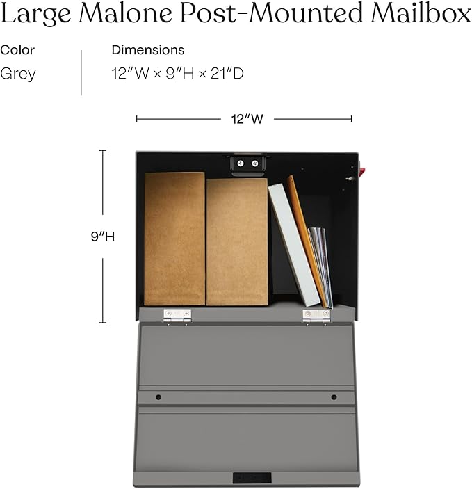 post & porch Malone Mailbox | Post Mounted Mailbox | Black/White/Gray/Brown/Red/Blue/Green, Regular or Large, Weatherproof Mail Box for Outside, Customizable (Gray, Large)