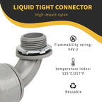 Conduit Connectors, 3/4 Inch Liquid Tight Connector NPT Non-Metallic for PVC Electrical Flexible Conduit Fittings, 90 Degree, UL Listed for Home Outdoor Tubes Tools, Grey (48-Pack)