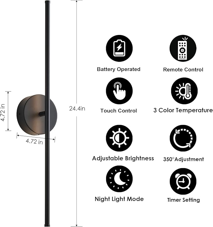 Removable Battery Operated Wall Sconces with Remote Control 350°Rotate LED Wireless Wall Lights with 3 Color Temperatures & Dimming for Bedroom, Hallway,24.4 Inch (2 Pack)