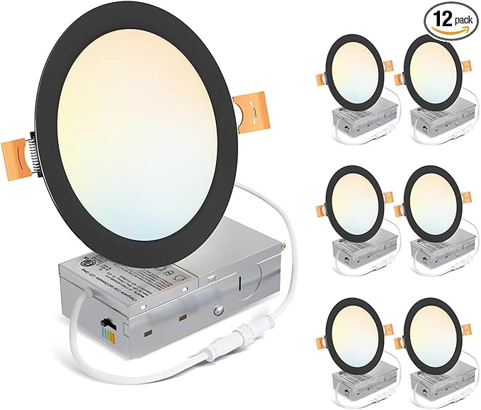 LVWIT Ultra-Thin Recessed Lighting 6 Inch with Junction Box, 1200LM 2700K-5000K 5CCT LED Ceiling Lights, Dimmable Canless Wafer Downlight, ETL,FCC&IC, Smooth Trim, 6 Pack Black