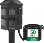 TiFFCOFiO Outdoor Power Strip Weatherproof, 50 FT Extension Cord with Power Stake, 6 Grounded Outlets for Outdoor Lights, 15A/1875W, ETL Listed