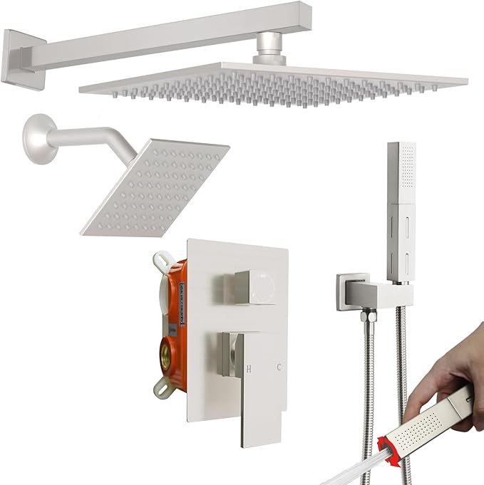 Enga Shower System Dual Shower Heads with 10+6" Dual Rain Shower Head with Handheld Spray for Two People, Wall Mount Shower Faucet Set with Valve Kit, Brushed Nickel