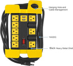 CCCEI Heavy Duty Power Strip with USB, Workshop 8 Outlet Surge Protector 2700 Joules, Industrial Metal 15Amp Power Strip, 12 FT Extension Cord and Wide Spaced Black.
