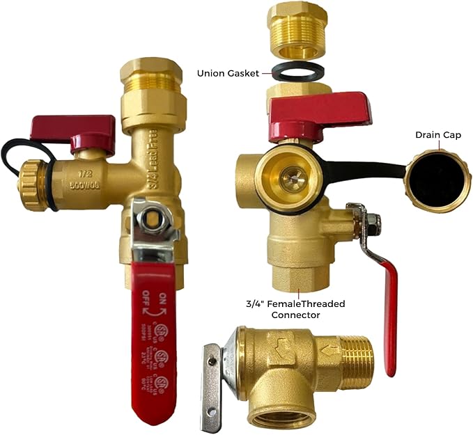 CAMPLUX 3/4 Inch IPS Isolator Tankless Water Heater Service Valve Kit, with Pressure Relief Valve, Clean Brass Construction