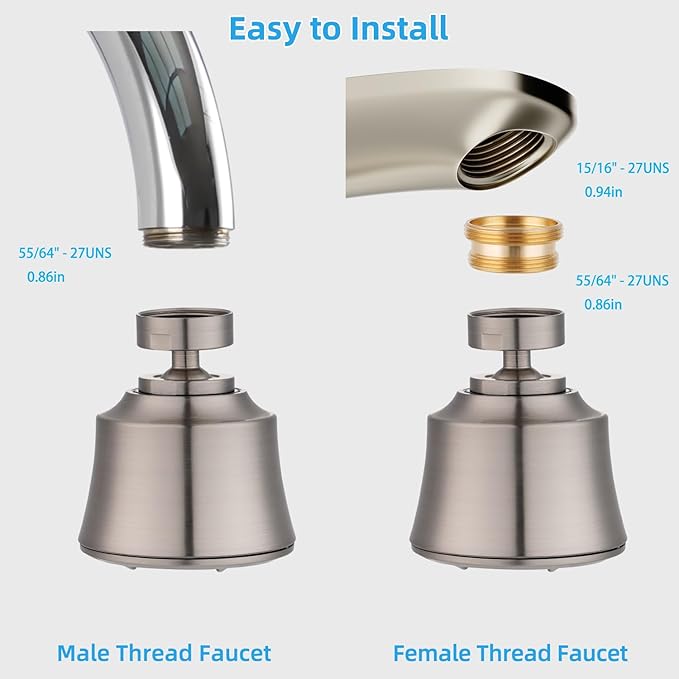 iFealClear Kitchen Sink Faucet Head, Swivel 360 Degree Faucet Sprayer Head with 4 Spray Modes, Big Angle Faucet Aerator Adapter Fits Female 55/64“ Male 15/16" for Bathroom/Kitchen/Rvs, Brushed Nickel