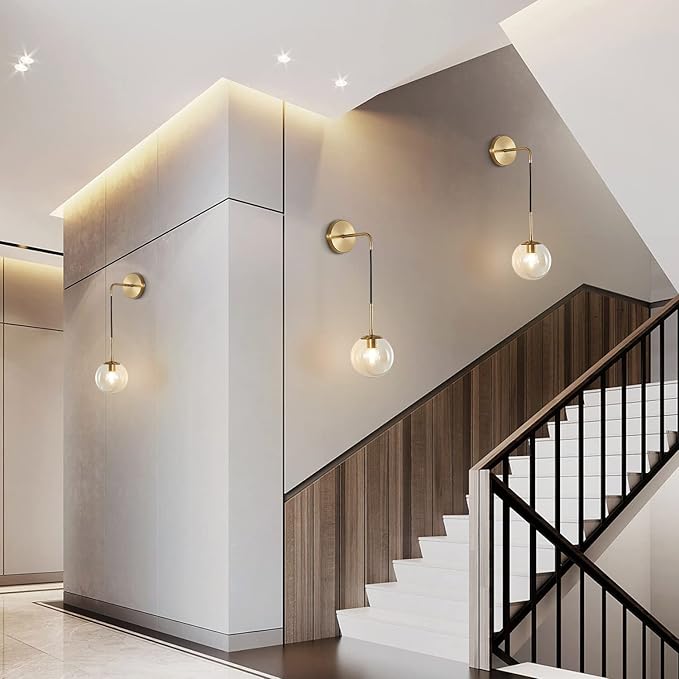 KCO Lighting Modern Gold Globe Wall Sconce Mid Century Raw Brass Round Glass Wall Mounted Light Minimalist Vanity Adjustable Cord Wall Lamp for Bathroom Mirror Bedside Stairs (Amber)