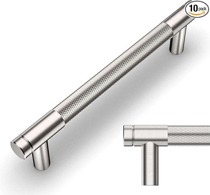 Amerdeco 10 Pack Brushed Satin Nickel Knurled Cabinet Pulls 5 Inch Center to Center Kitchen Cabinet Handles for Drawer Dresser, Cupboard and Wardrobe ZH0031