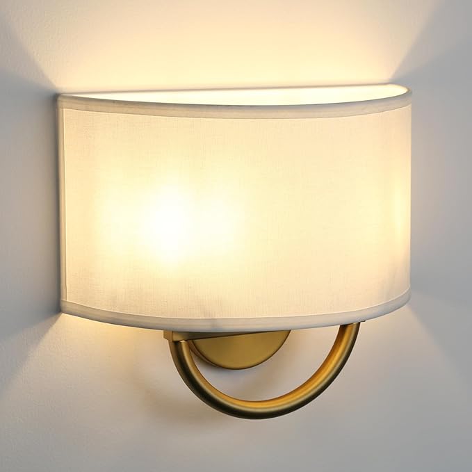 Industrial 2-Lights Wall Sconce Fixture with White Fabric Shade, Double Arm Wall Light Lamps Decor for Hallway Bedroom Living Room Bathroom Stairway