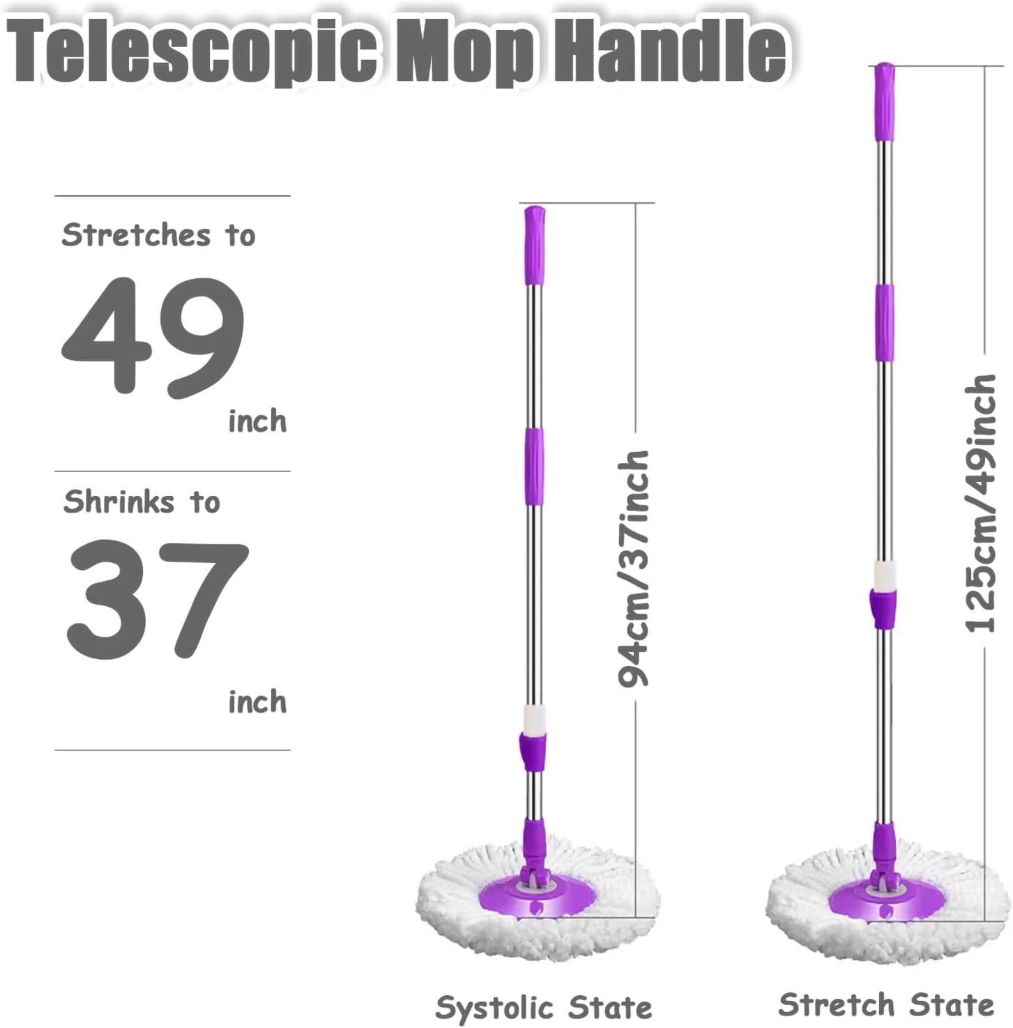 Spin Mop Replacement Mop Handle, 49-inch 360 Degrees Rotating Telescopic Replacement Mop Stick with Reinforced Plastic Disc for Spin Mop Bucket Cleaning System (Plastic Disc, Purple)