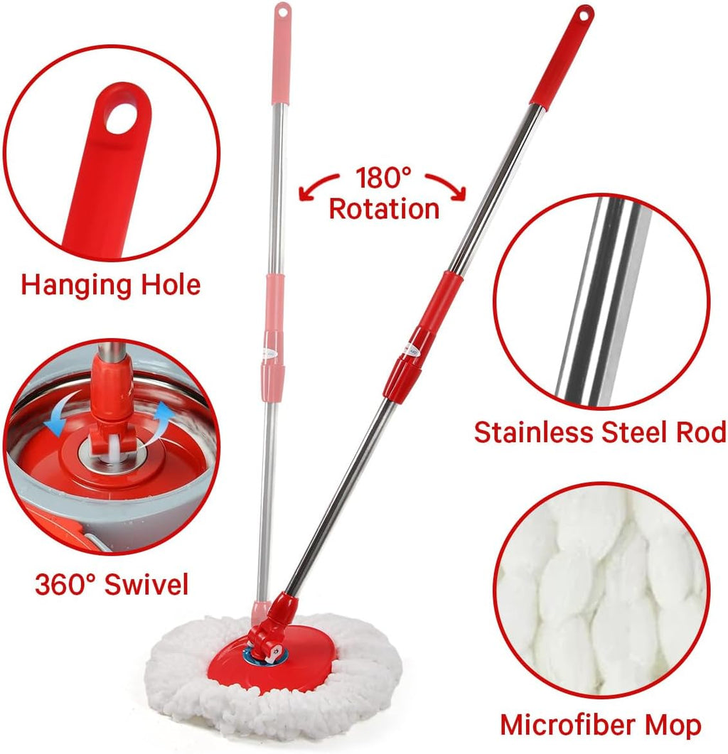 Spin Mop and Bucket with Wringer Set, 360° Spinning Mop and Bucket System with Double Cotton Tip Replacement Heads and Stainless Steel Adjustable Handle for Floor Cleaning (20QT)