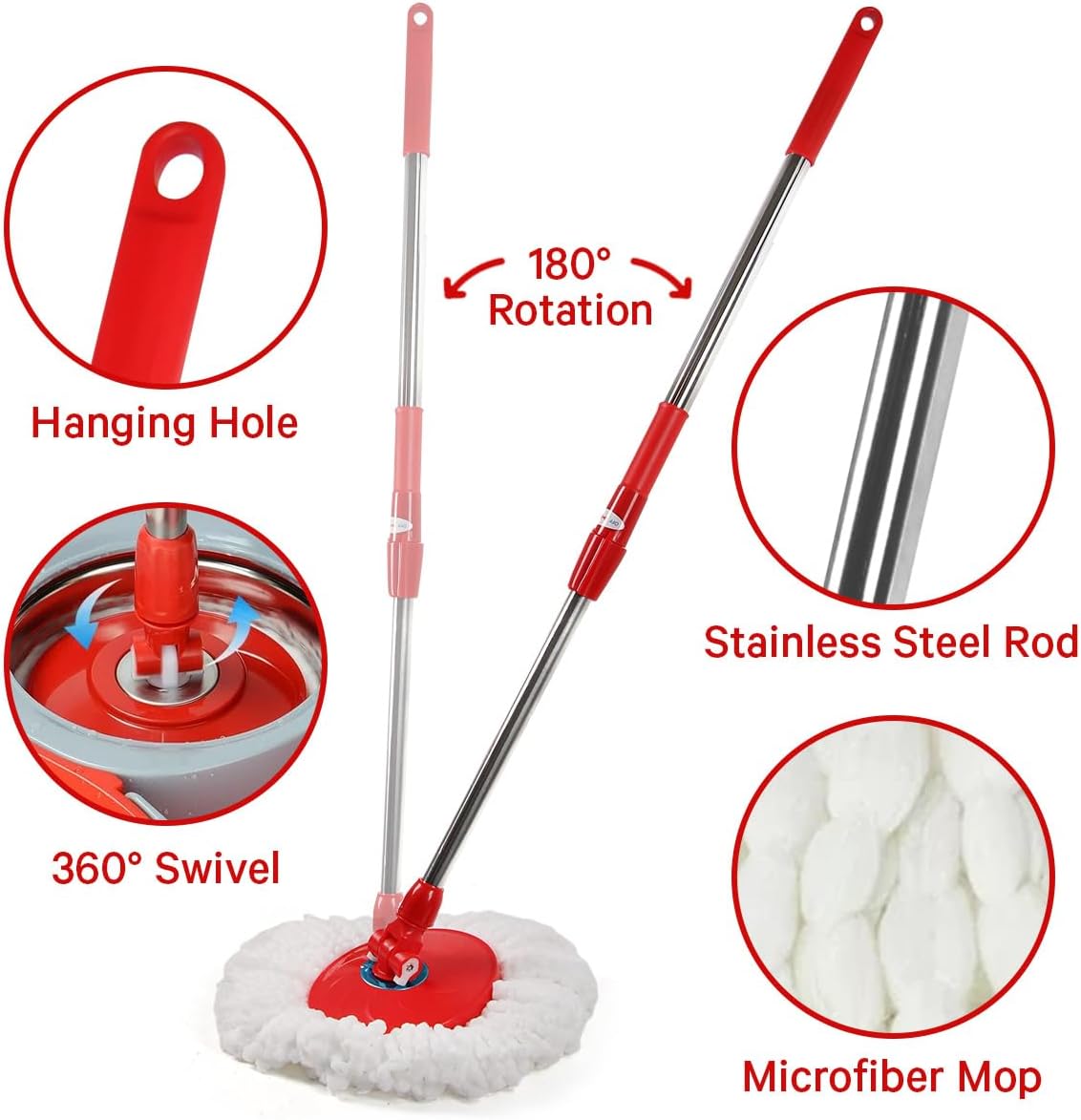 Spin Mop and Bucket with Wringer Set, 360° Spinning Mop and Bucket System with Double Cotton Tip Replacement Heads and Stainless Steel Adjustable Handle for Floor Cleaning (20QT)