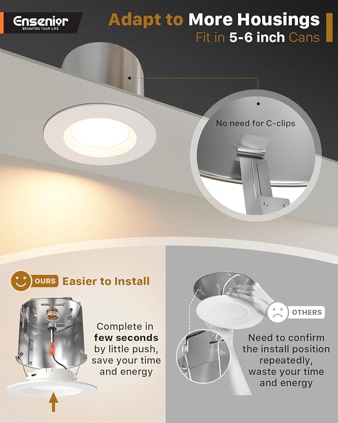 Ensenior 5/6 Inch 5CCT LED Can Lights 12 Pack, Retrofit Led Recessed Lighting, Baffle Trim, Dimmable, 9W=110W, 1000LM, 2700K/3000K/3500K/4000K/5000K Selectable, IC Rated - ETL & FCC