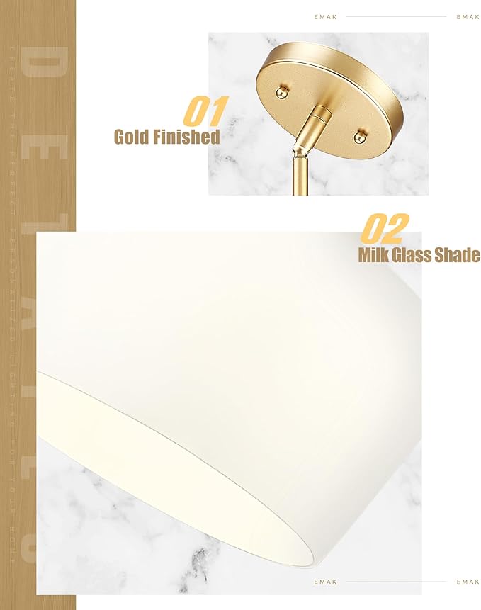 Emak Gold Pendant Lights Kitchen Island, 10 Inch Large Pendant Light with Milk Glass Shade, Modern Hanging Light Fixture for Kitchen, Dining Room, PL126-GD-ML