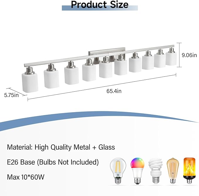 10-Light Bathroom Vanity Light Brushed Nickel,64.5in Vanity Lights with Square Frosted Glass,Modern Bathroom Wall Lights Fixtures Over Mirror,Wall Sconces Lighting for Bedroom Living Room,E26