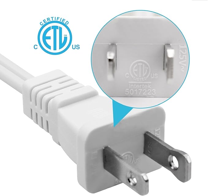 2Pack 2 Prong Extension Cord 5ft,Indoor Small and Slim Power Cable Male/Female,Lightweight Design for Decor Use, Christmas Lights & Home Appliances,White