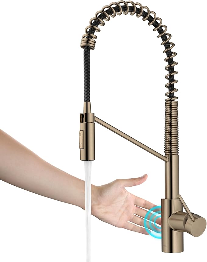 KRAUS Oletto Touchless Sensor Commercial Pull-Down Single Handle Kitchen Faucet with QuickDock Top Mount Assembly in Spot Free Antique Champagne Bronze, KSF-2631SFACB
