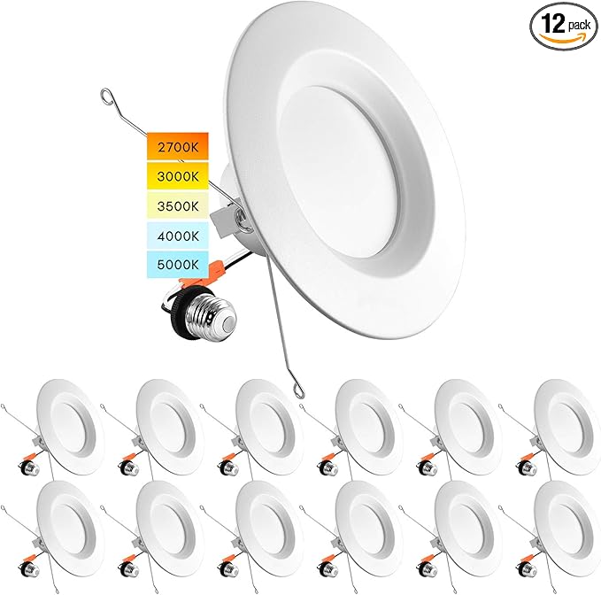 LUXRITE 5/6 Inch LED Recessed Retrofit Downlight, 14W=90W, CCT Color Selectable 2700K | 3000K | 3500K | 4000K | 5000K, Dimmable Can Light, 1100 Lumens, Wet Rated, Energy Star (12 Pack)