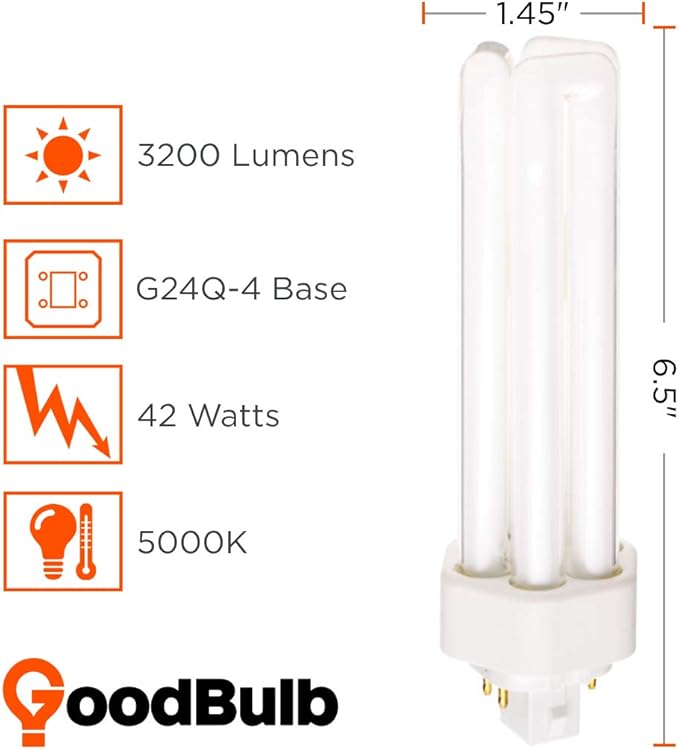 42 Watt CFL Light Bulbs | 4 Pin GX24Q-4 Base 5000K Daylight | 42W High Output 3200 Lumens | Triple Tube Compact Fluorescent Light Bulbs Plug-in | Car Dealership Lighting | 10 Pack by GoodBulb