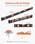 VEVOR 4-Piece Torpedo Level, 48/24/16/10 Inch Box Levels Set, Fluorescent Light Up Bubble Vials Ruler for 45/90/180 Degree, Aluminum Alloy Magnetic Leveler Tool, Shock-Proof(Only 10-inch has magnetic)